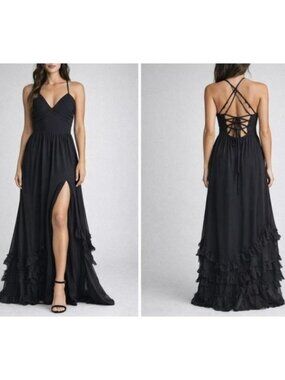 Black Pleated V-Neck Lace Up Back Maxi Dress with‎ Ruffle Hem and Side Slit